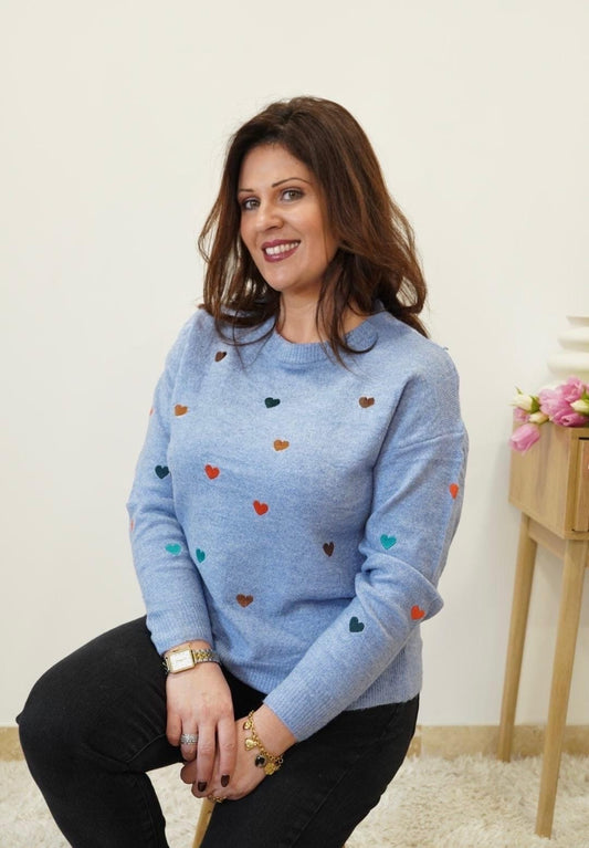 Pull brodé Cœurs - Bleu - Jad'Or la Mode- La mode au service-de-la-féminité