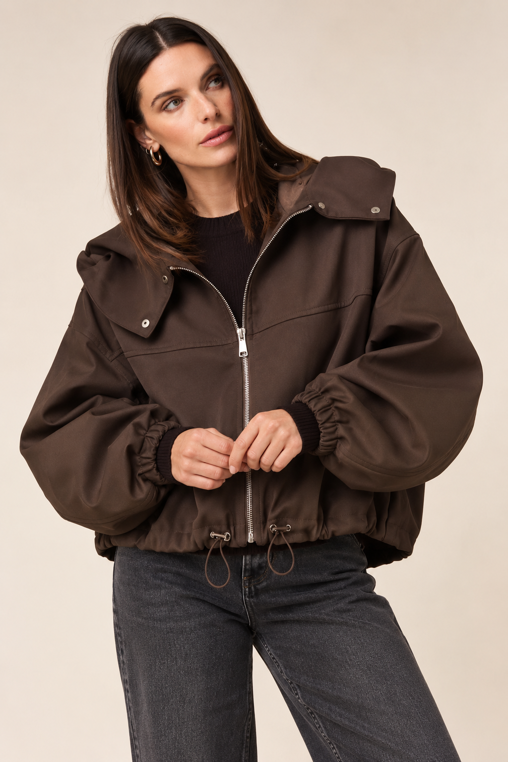 Blouson chocolat oversize, avec capuche
