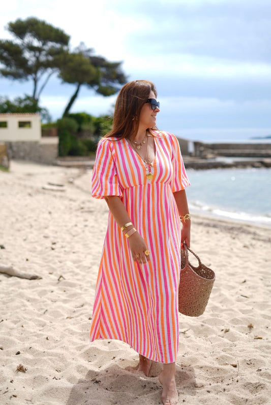 Robe rayée multicolore, en gaze de coton - Style bohème & Estival