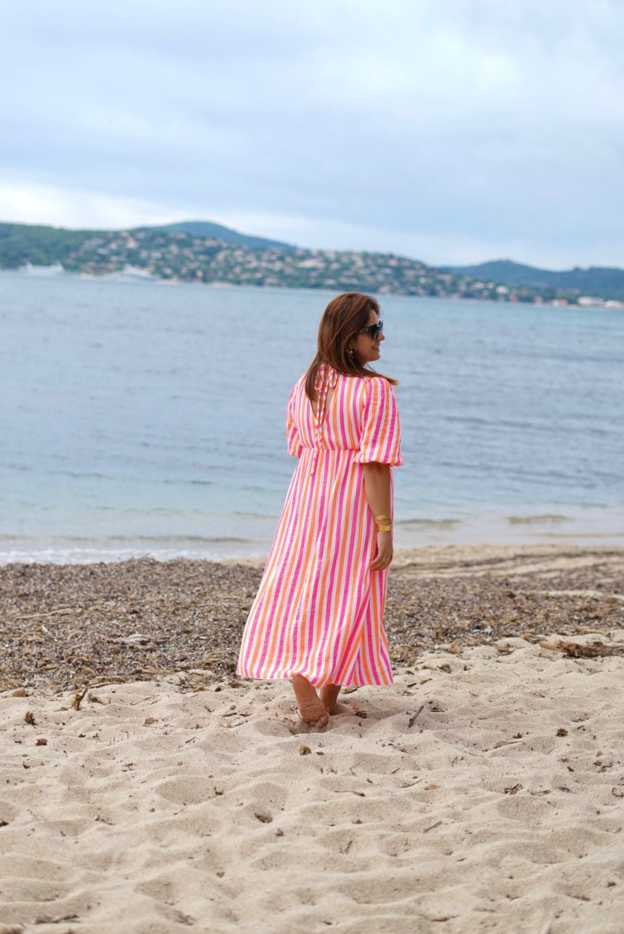 Robe rayée multicolore, en gaze de coton - Style bohème & Estival