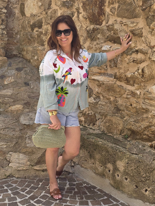 Chemise The Corner, 100% coton, imprimée bohème Tie and Dye - broderies estivales