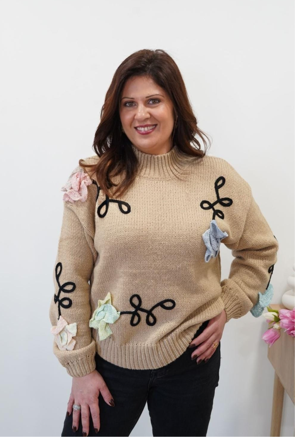 Pull brodé Fleur - Camel