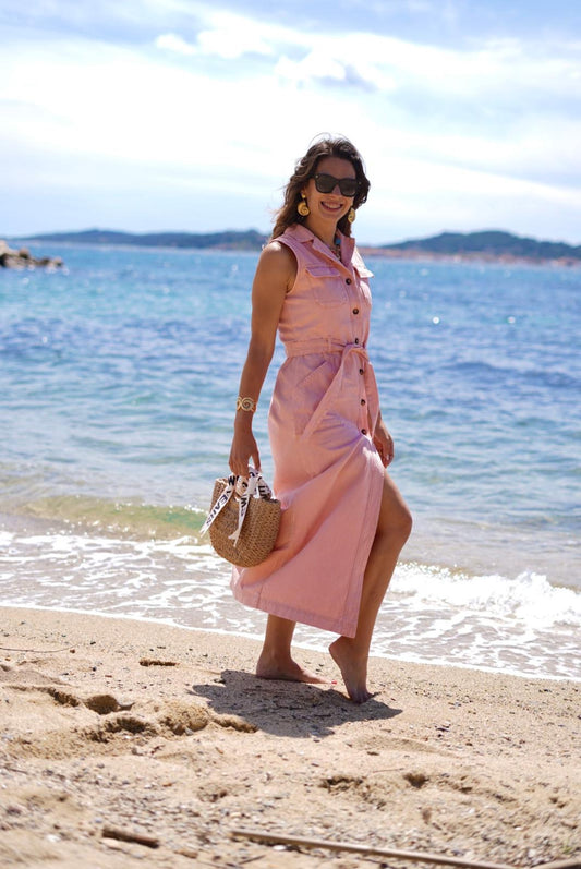 Robe longue boutonné, en denim rose, Ciminy - Casual & chic