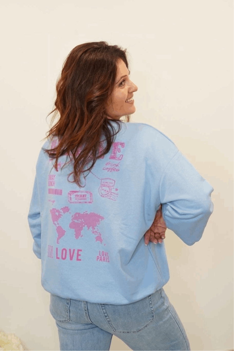 Sweat-Shirt Believe oversize, imprimée au dos - Bleu - Jad'Or la Mode- La mode au service-de-la-féminité