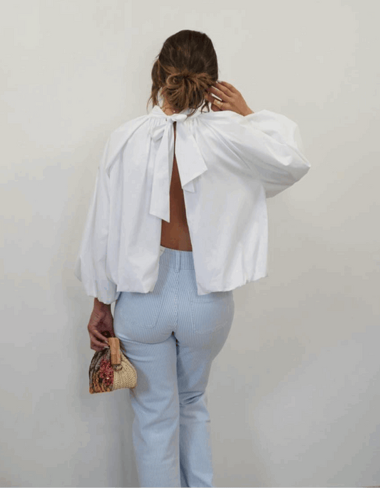 Blouse Manches Ballon avec Noeud sur le Dos - Blanche - Jad'Or la Mode- La mode au service-de-la-féminité