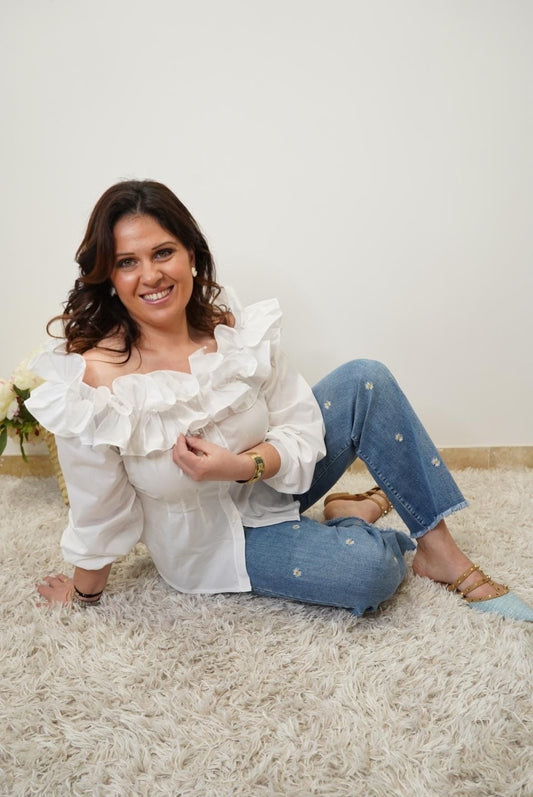 Chemise Lola, col bardot à volants - Blanc - Jad'Or la Mode- La mode au service-de-la-féminité