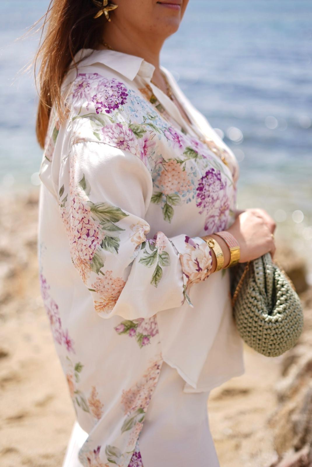 Ensemble femme fleuri satiné – Chemise & pantalon fluide, style bohème chic