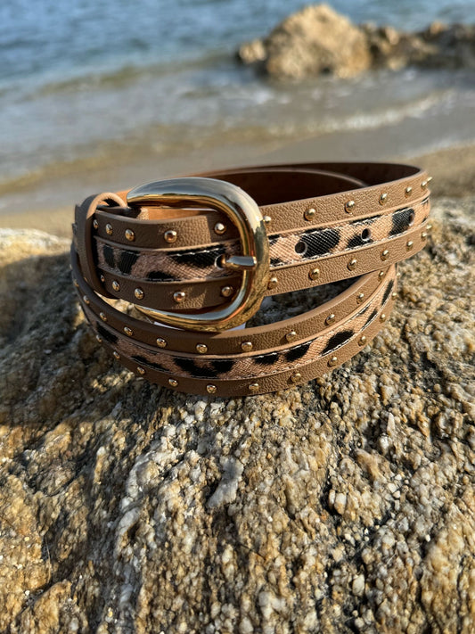 Ceinture femme avec détails léopard et clous dorés - Couleur Marron