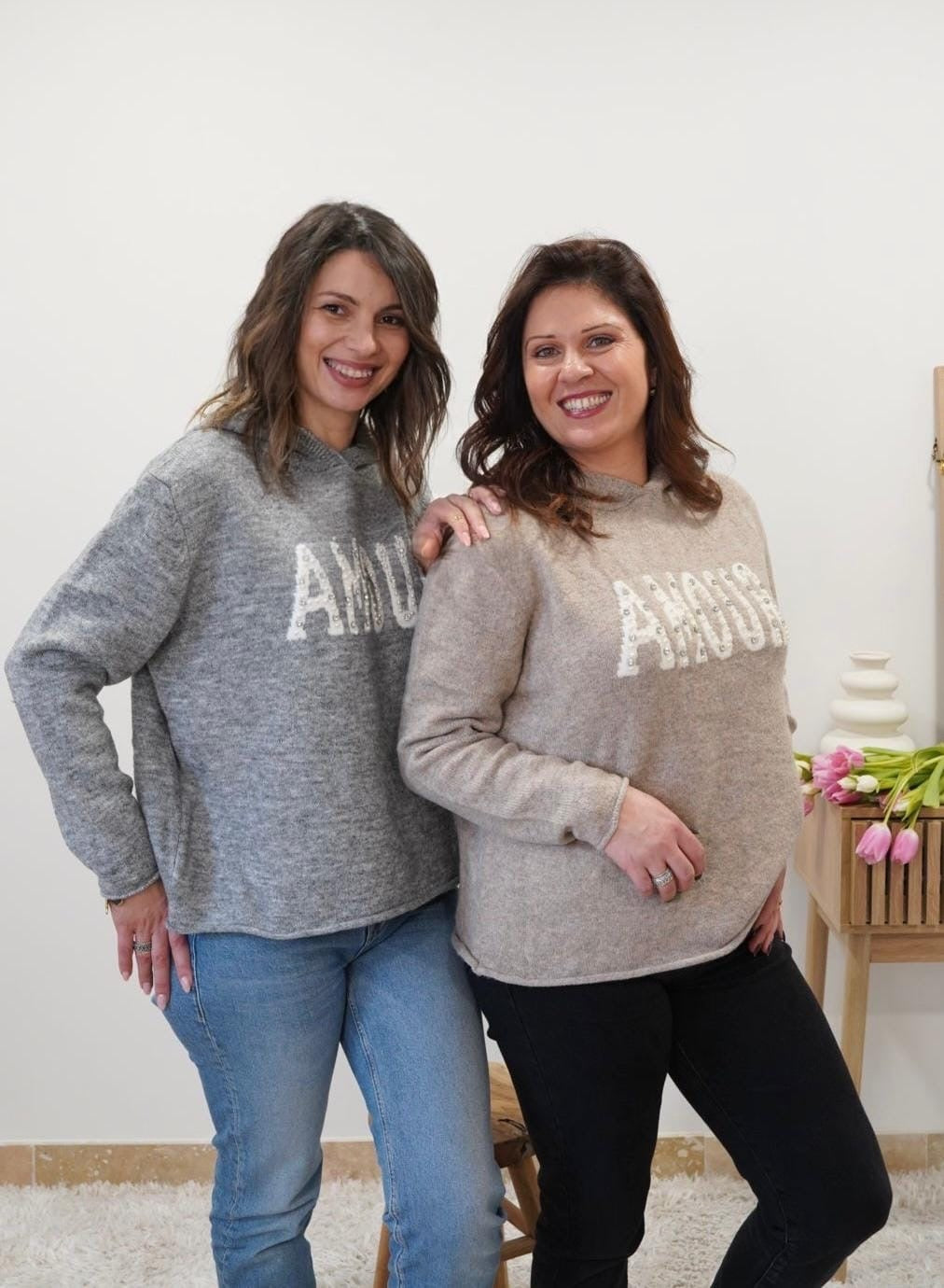 Pull imprimé Amour avec capuche - Beige