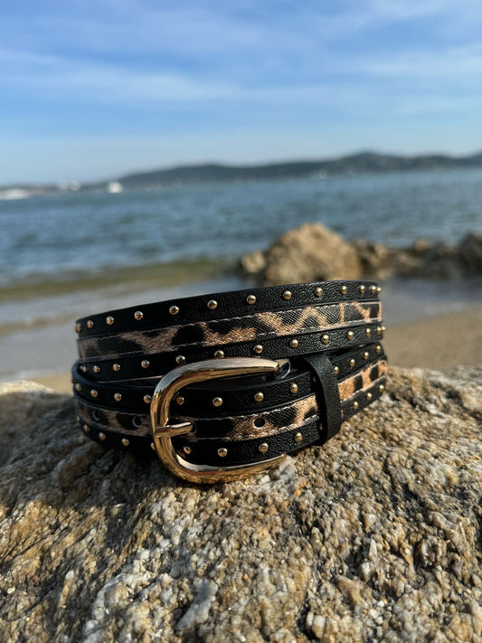 Ceinture femme avec détail léopard et clous dorés - Couleur Noir