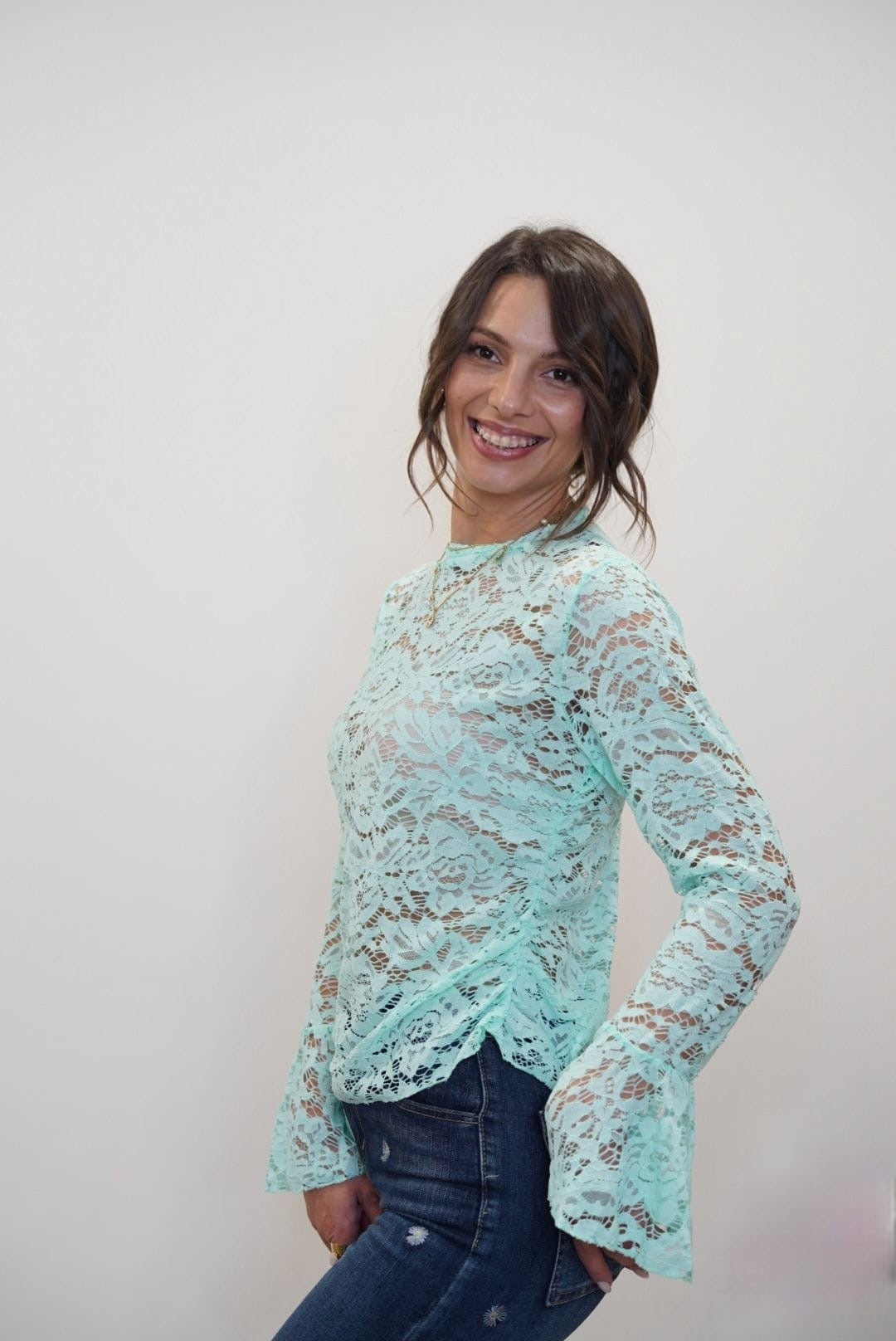 Top en dentelle manches évasées - Turquoise - Jad'Or la Mode- La mode au service-de-la-féminité