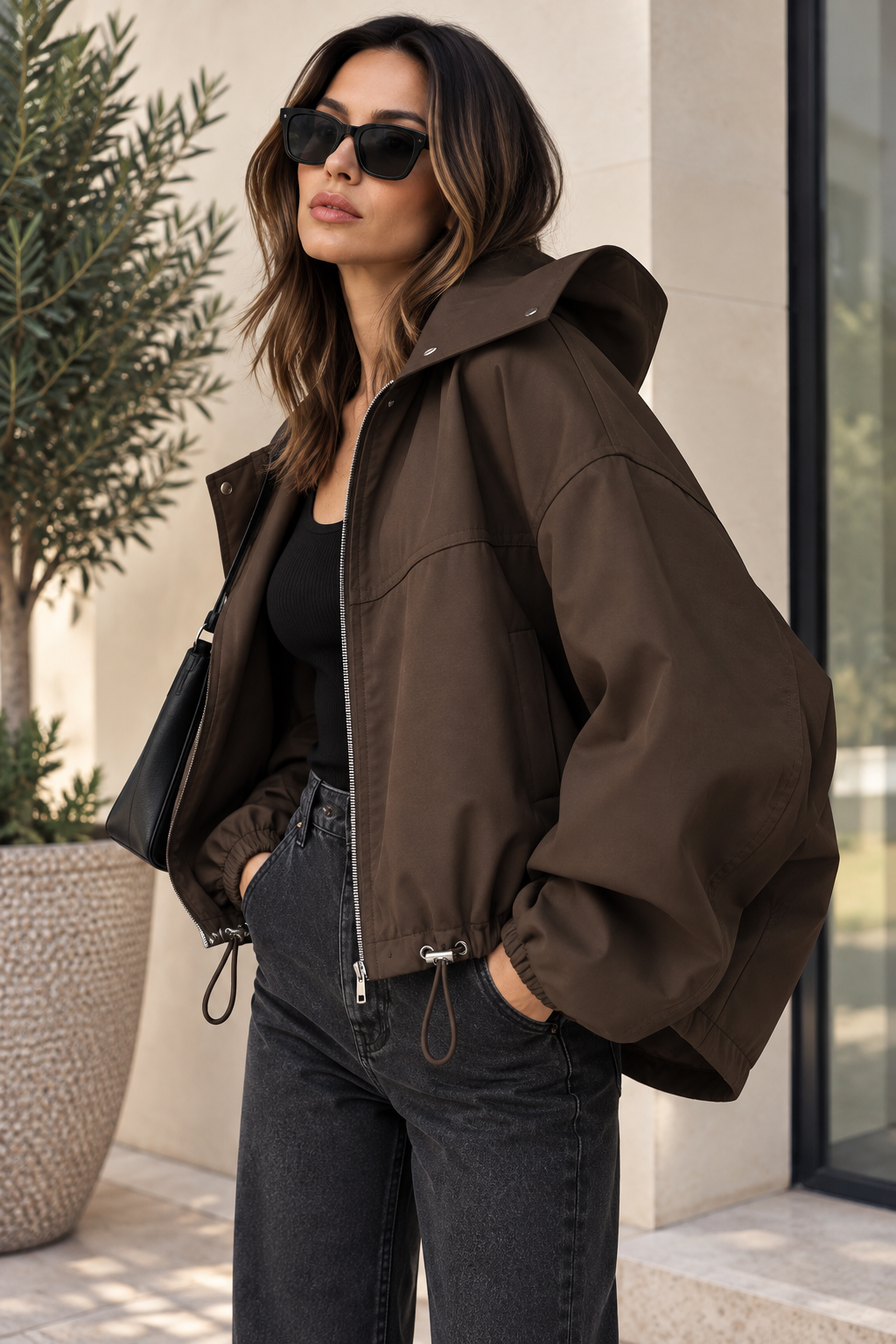 Blouson chocolat oversize, avec capuche