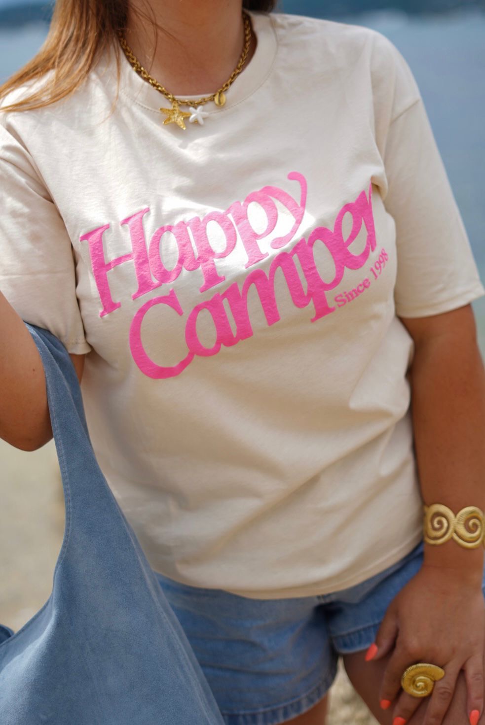 T-Shirt femme Happy Camper manches courtes - Beige