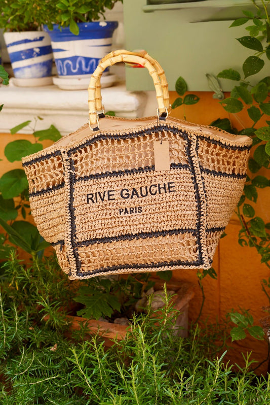 Grand sac plage Rive Gauche en raphia tressé marron avec finitions noires