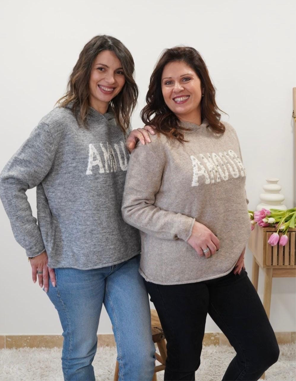 Pull imprimé Amour avec capuche - Beige