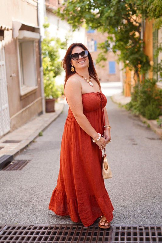Robe Solea longue, bustier, 100% lin - Terracotta