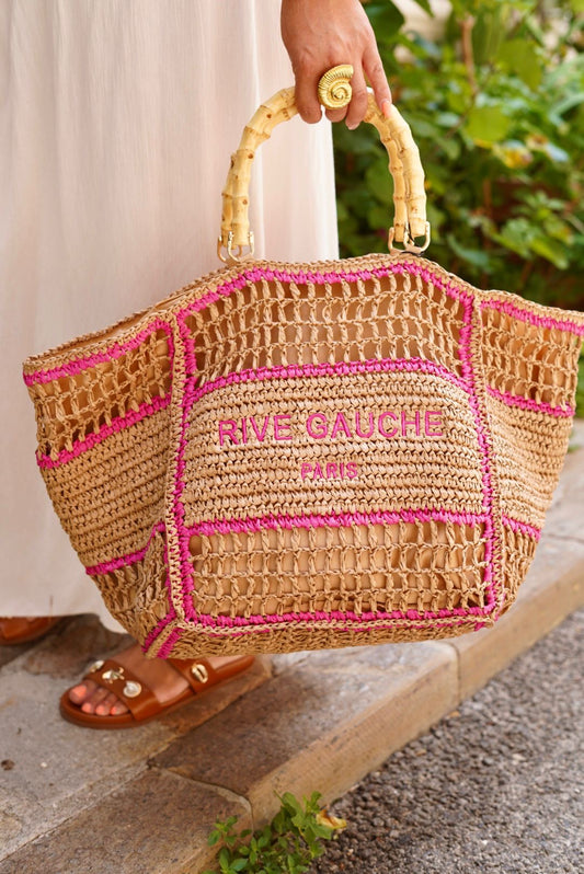 Grand sac plage Rive Gauche, en raphia tressé marron avec finitions roses