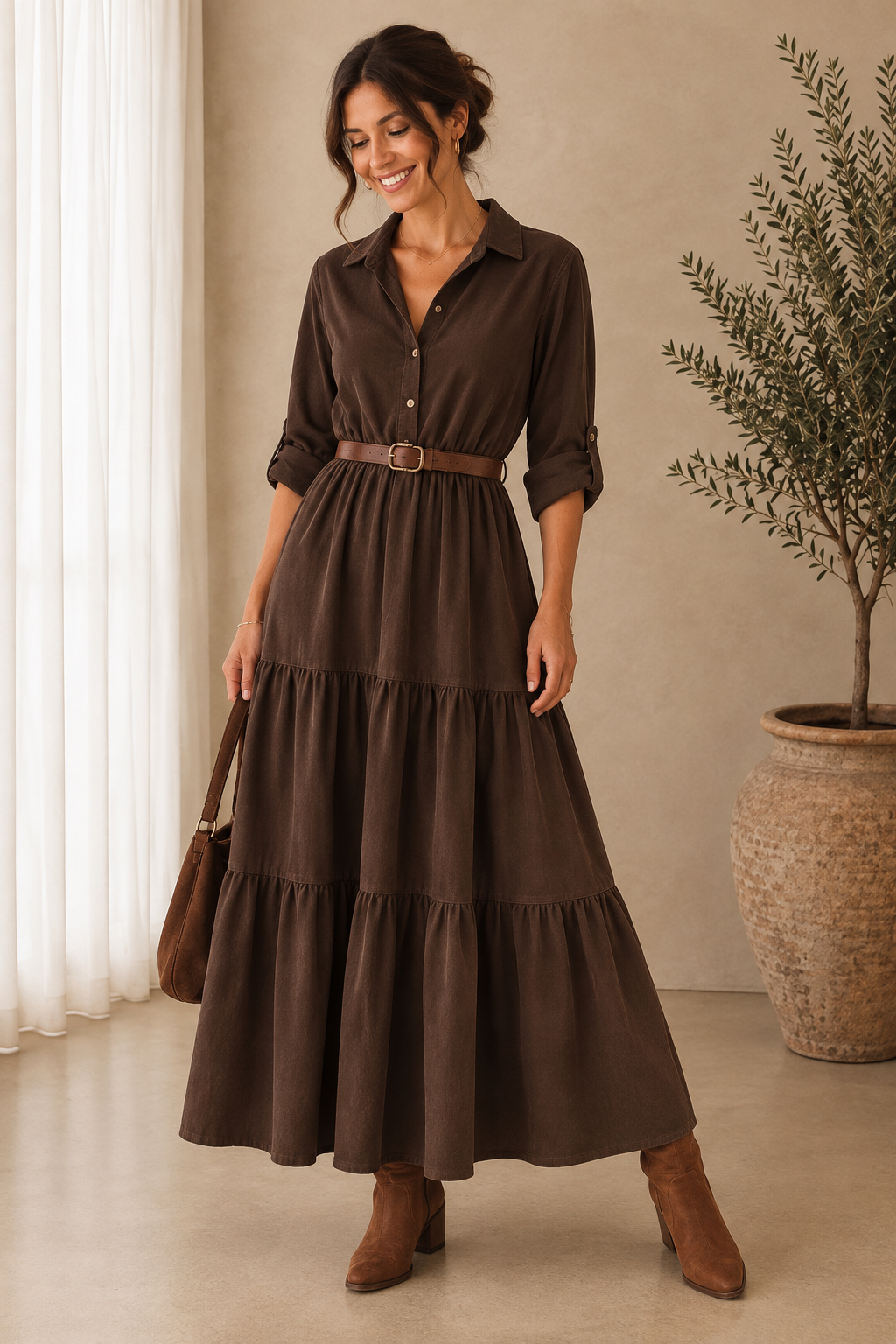 Robe longue en velours côtelé – Chocolat 🤎