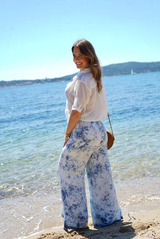 Pantalon fluide, évasé imprimé Tie and Dye Bleu –Style Bohème Chic
