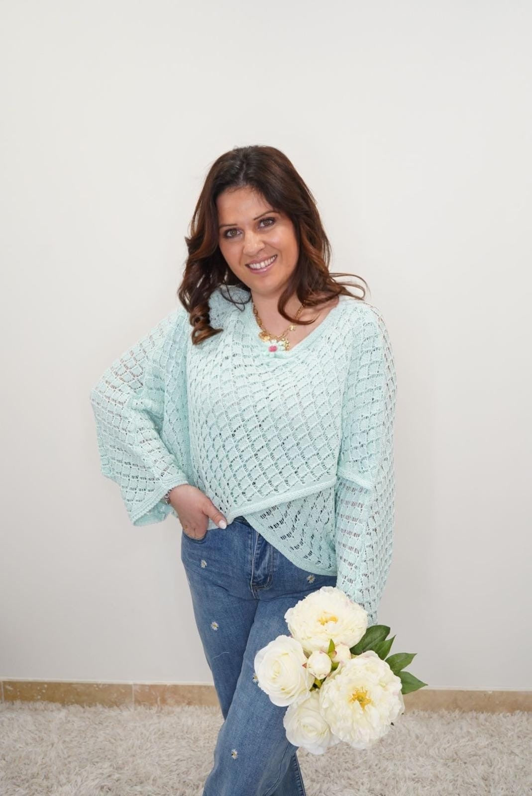 Pull Melissa Turquoise- Manches évasés - Jad'Or la Mode- La mode au service-de-la-féminité