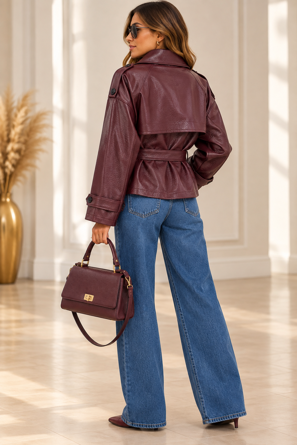Veste en similicuir bordeaux effet martelé