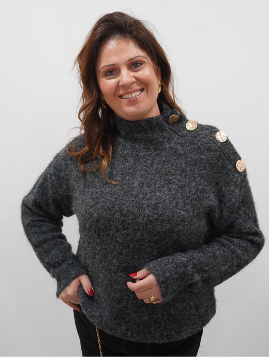 Pull Winter orné de boutons dorés - Gris