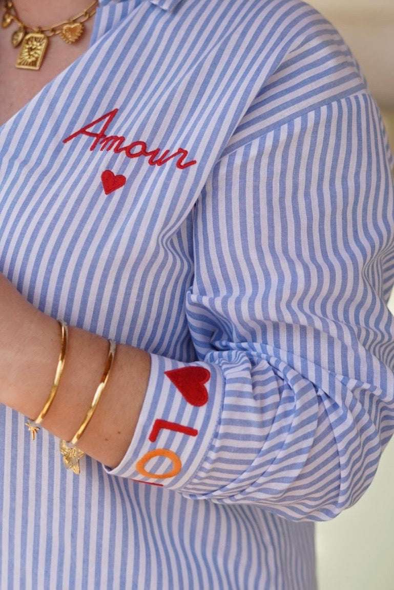 Chemise à rayures bleu et blanc, 100% coton - Broderies Amour et Love - Jad'Or la Mode- La mode au service-de-la-féminité