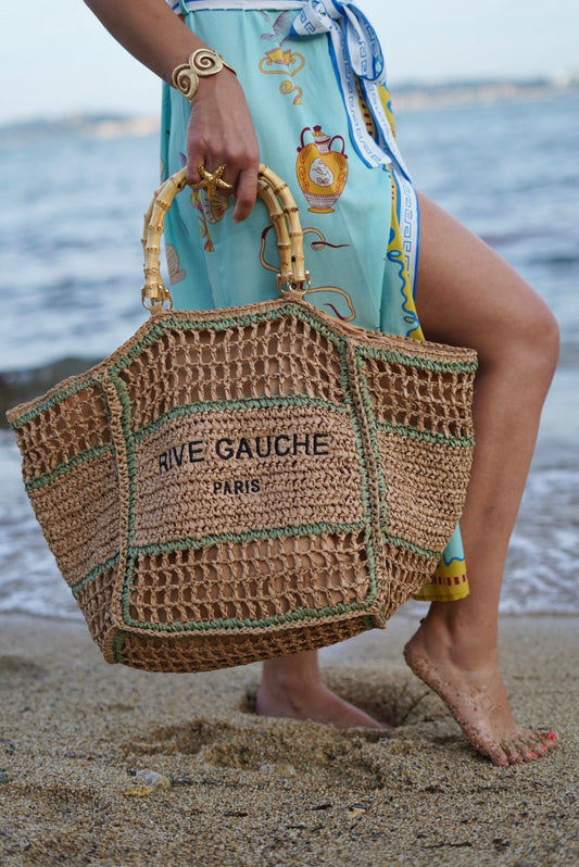 Grand sac plage, Rive Gauche, en raphia, anses bambou - Marron avec finitions kaki