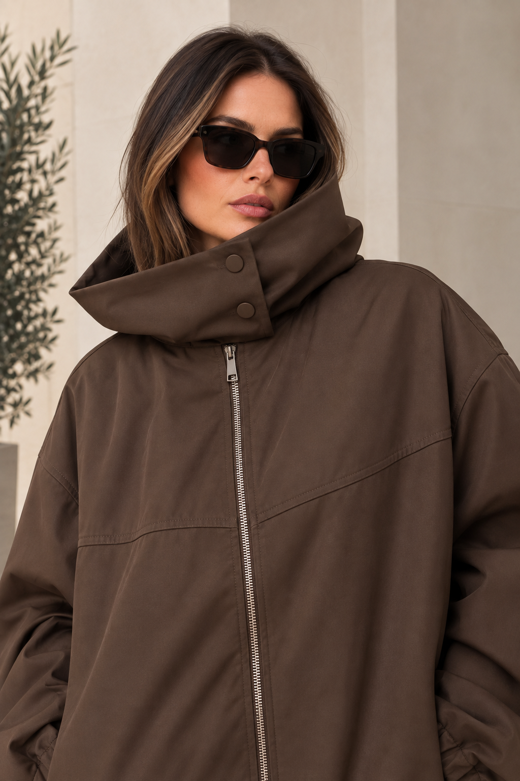 Blouson chocolat oversize, avec capuche