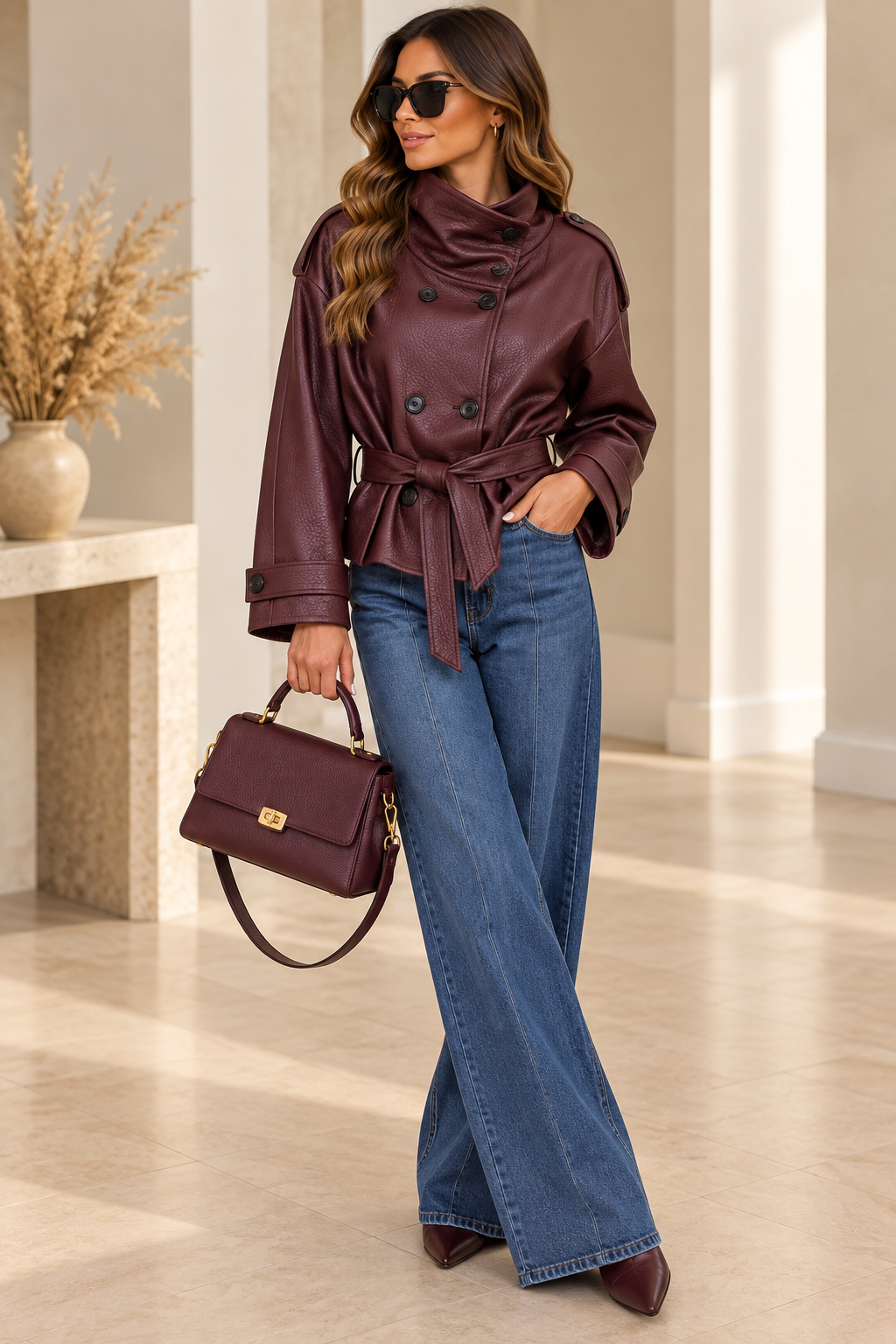 Veste en similicuir bordeaux effet martelé