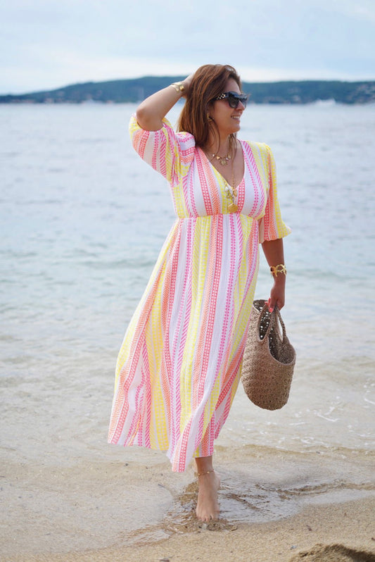 Robe longue rayé, en gaze de coton - Style bohème & Estival