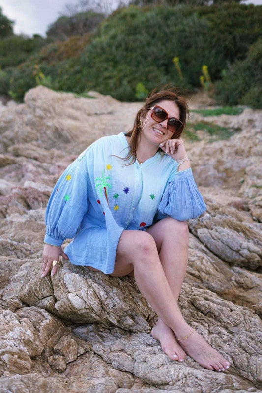 Chemise imprimée Tie and Dye bleu, oversize- The Corner - Jad'Or la Mode- La mode au service-de-la-féminité