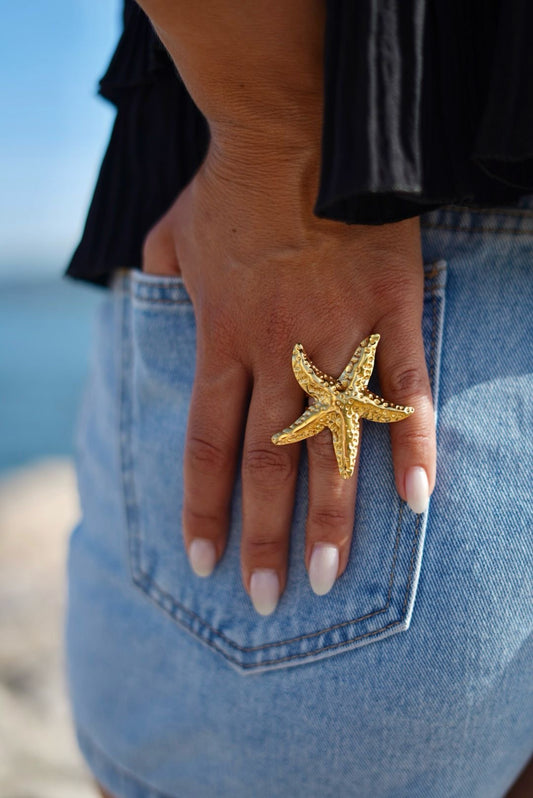 Bague étoile martelée – Acier inoxydable (ajustable)