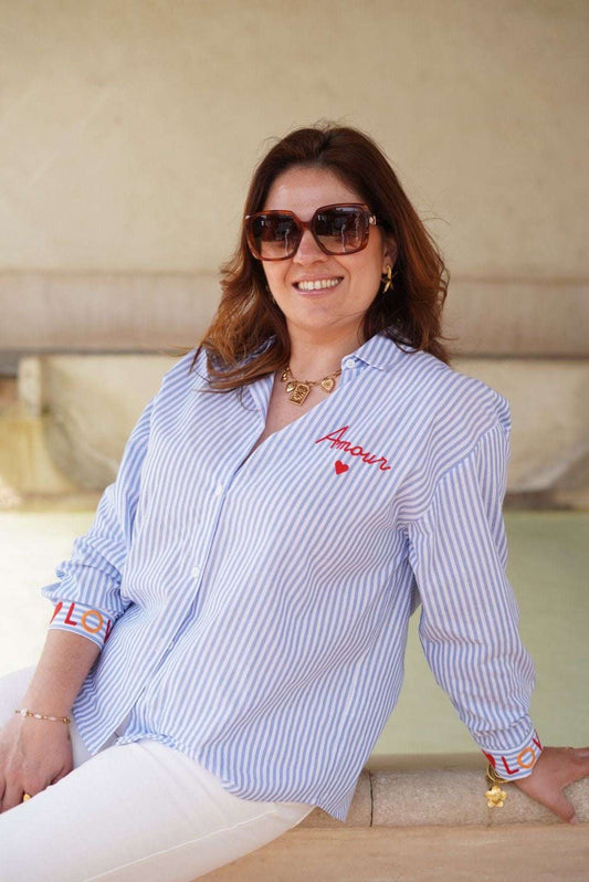 Chemise à rayures bleu et blanc, 100% coton - Broderies Amour et Love - Jad'Or la Mode- La mode au service-de-la-féminité