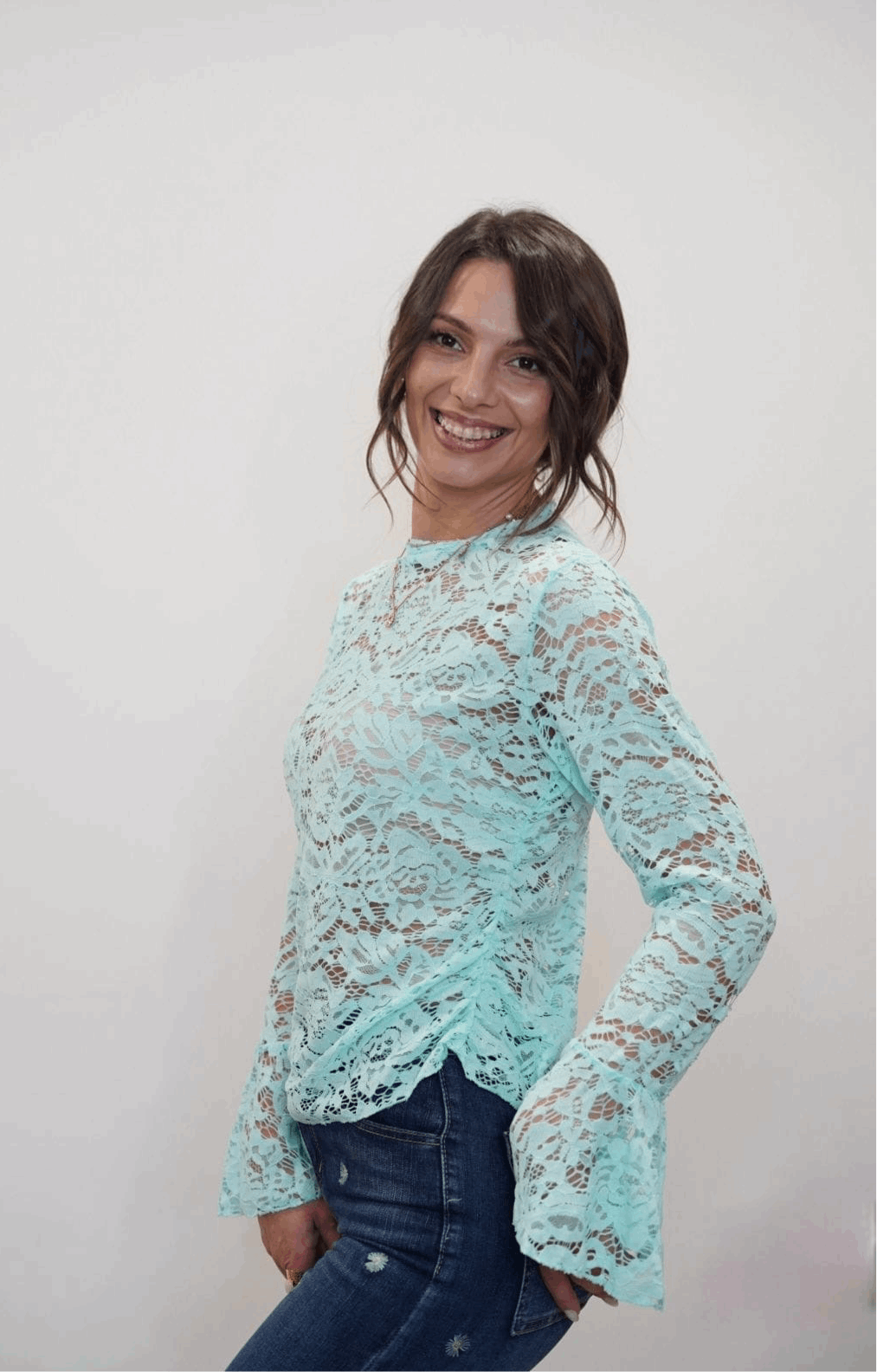 Top en dentelle manches évasées - Turquoise - Jad'Or la Mode- La mode au service-de-la-féminité