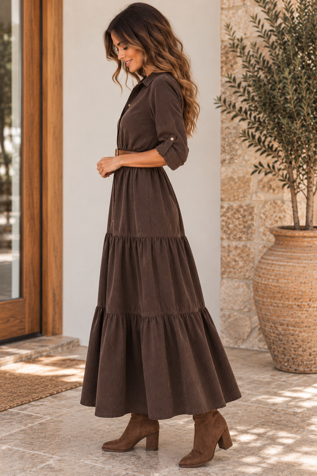 Robe longue en velours côtelé – Chocolat 🤎