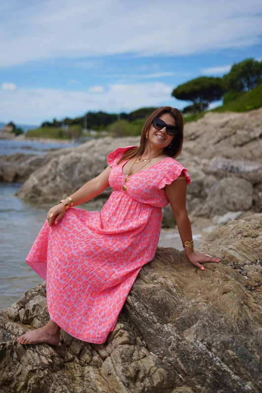 Robe longue imprimée léopard, fuchsia, gaze de coton – style bohème