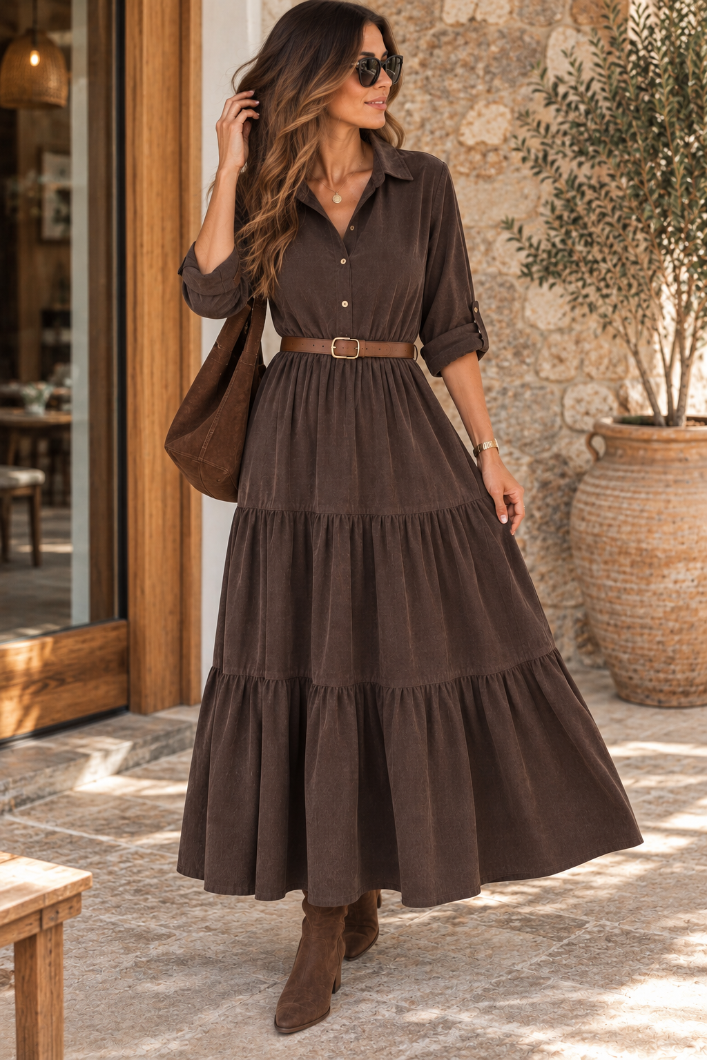 Robe longue en velours côtelé – Chocolat 🤎