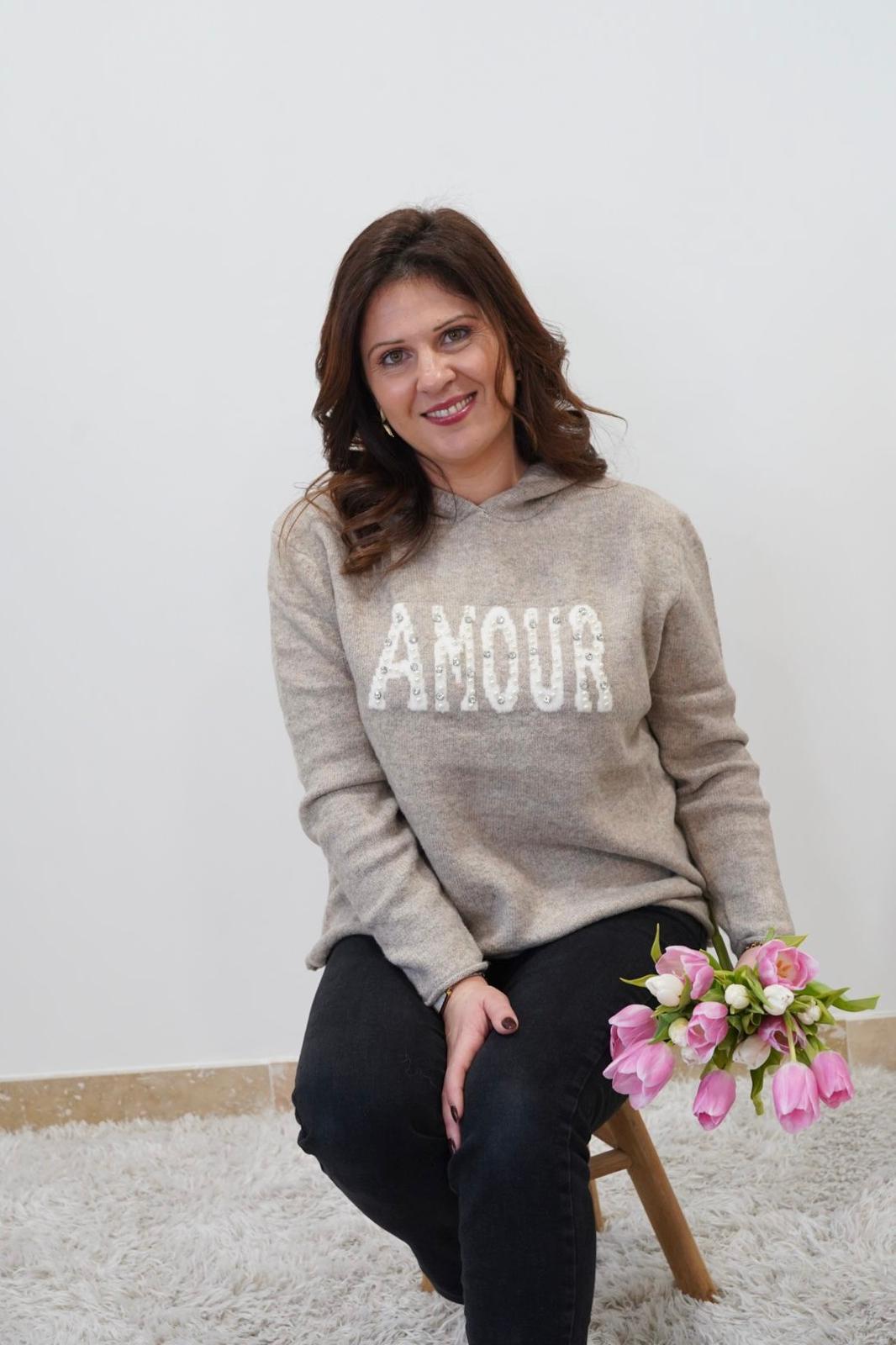 Pull imprimé Amour avec capuche - Beige