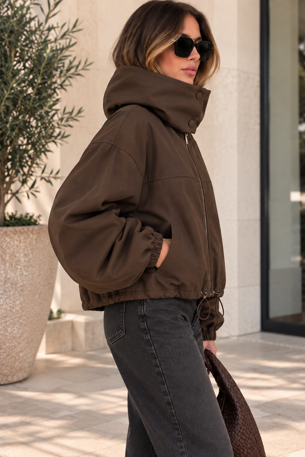 Blouson chocolat oversize, avec capuche