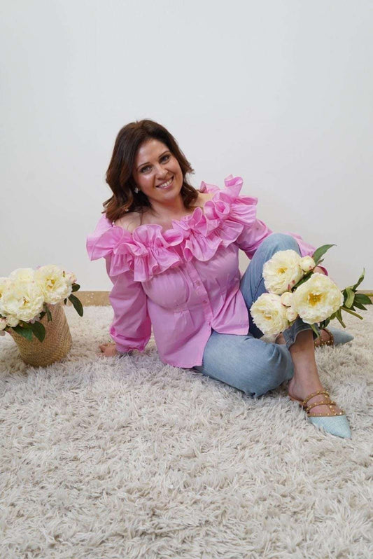 Chemise Lola col bardot à volants - Rose - Jad'Or la Mode- La mode au service-de-la-féminité