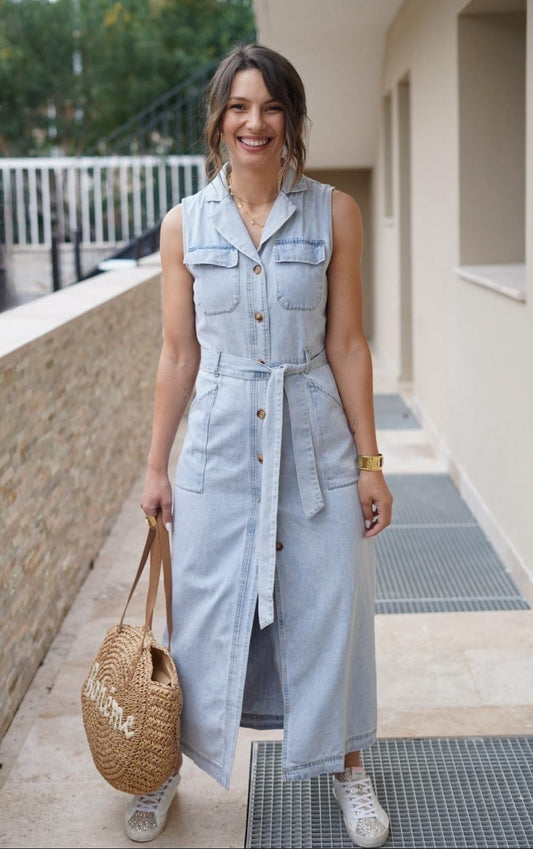 Robe Stella en jean, sans manches, boutonné - Jad'Or la Mode- La mode au service-de-la-féminité