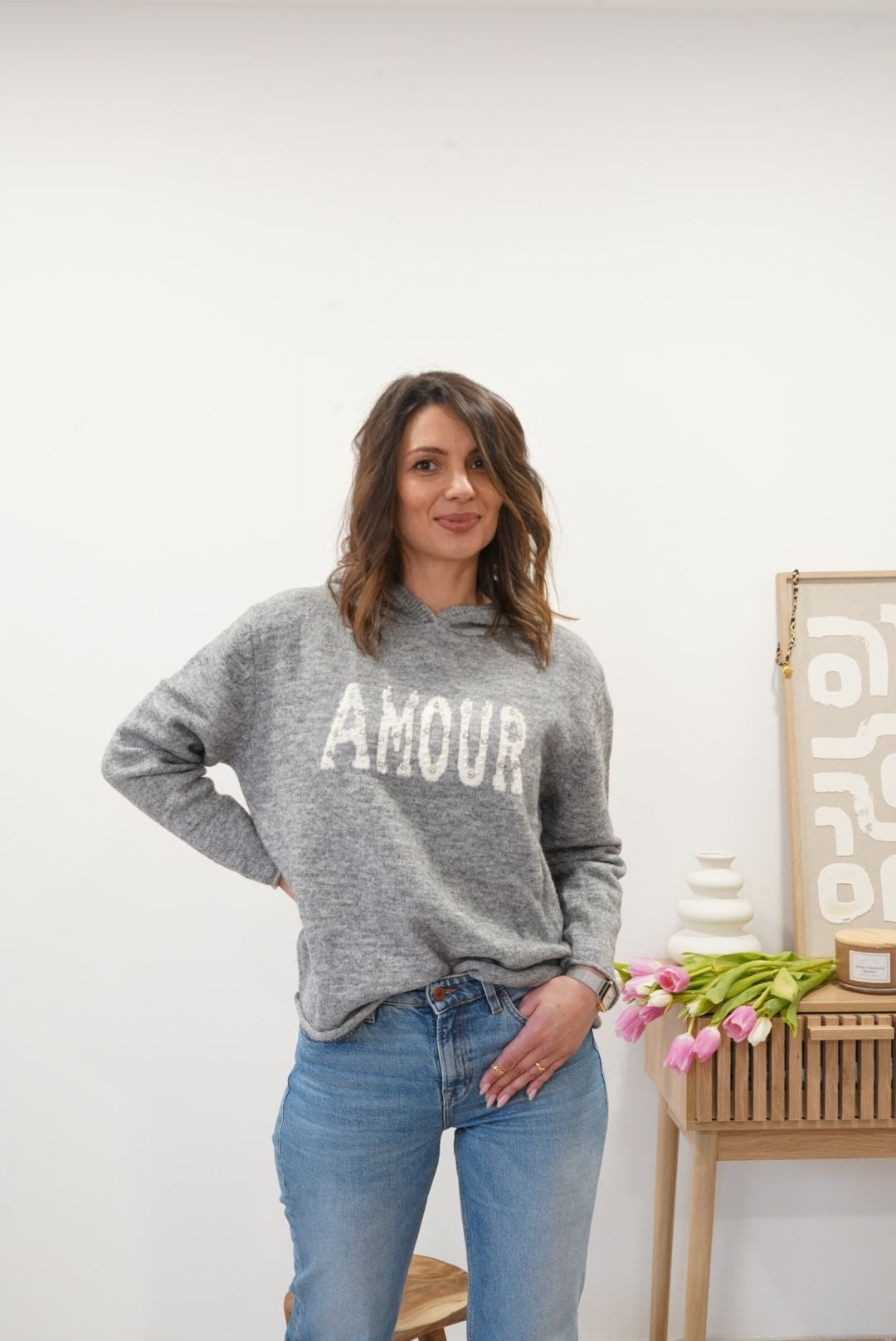 Pull imprimé Amour avec capuche - Gris