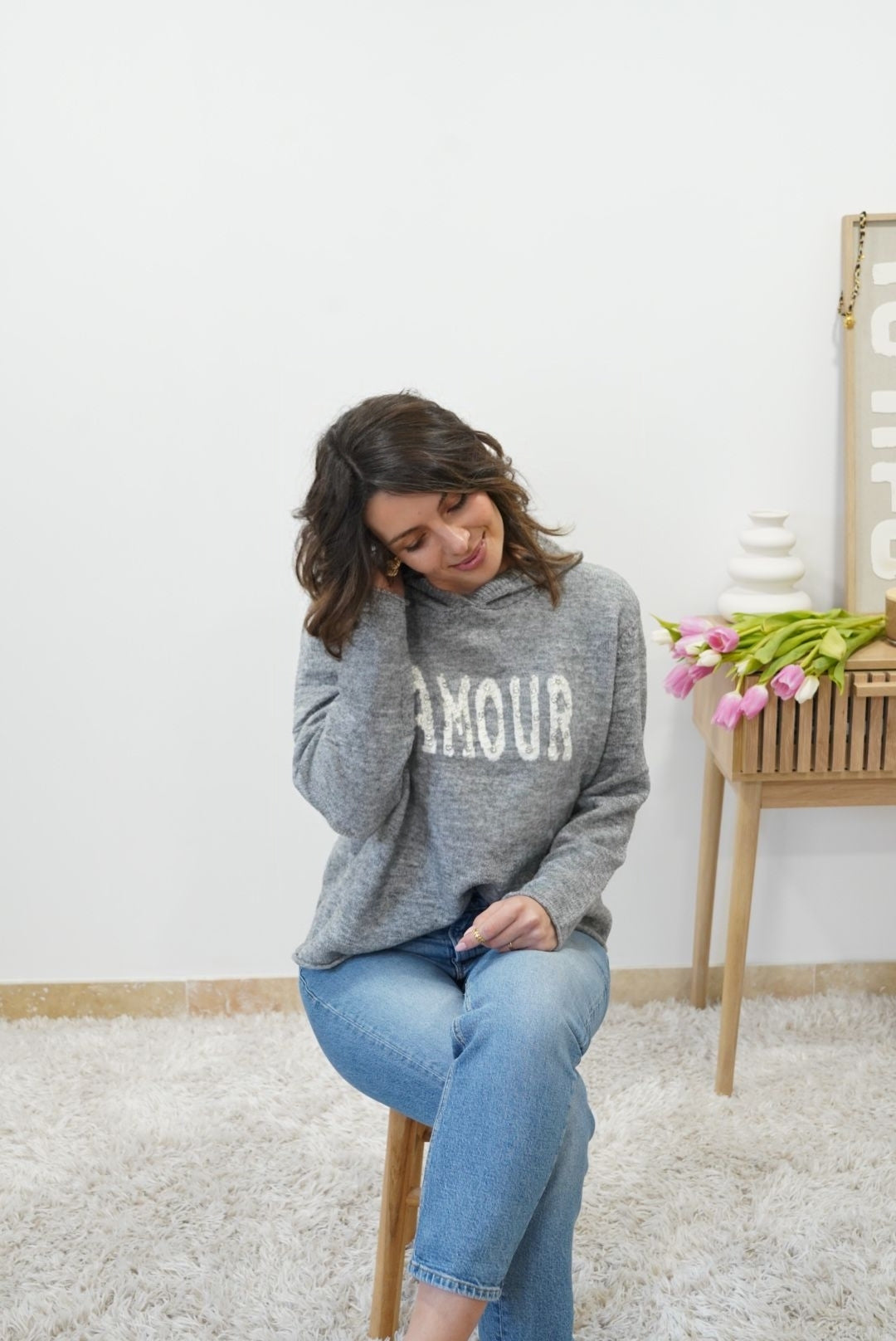 Pull imprimé Amour avec capuche - Gris