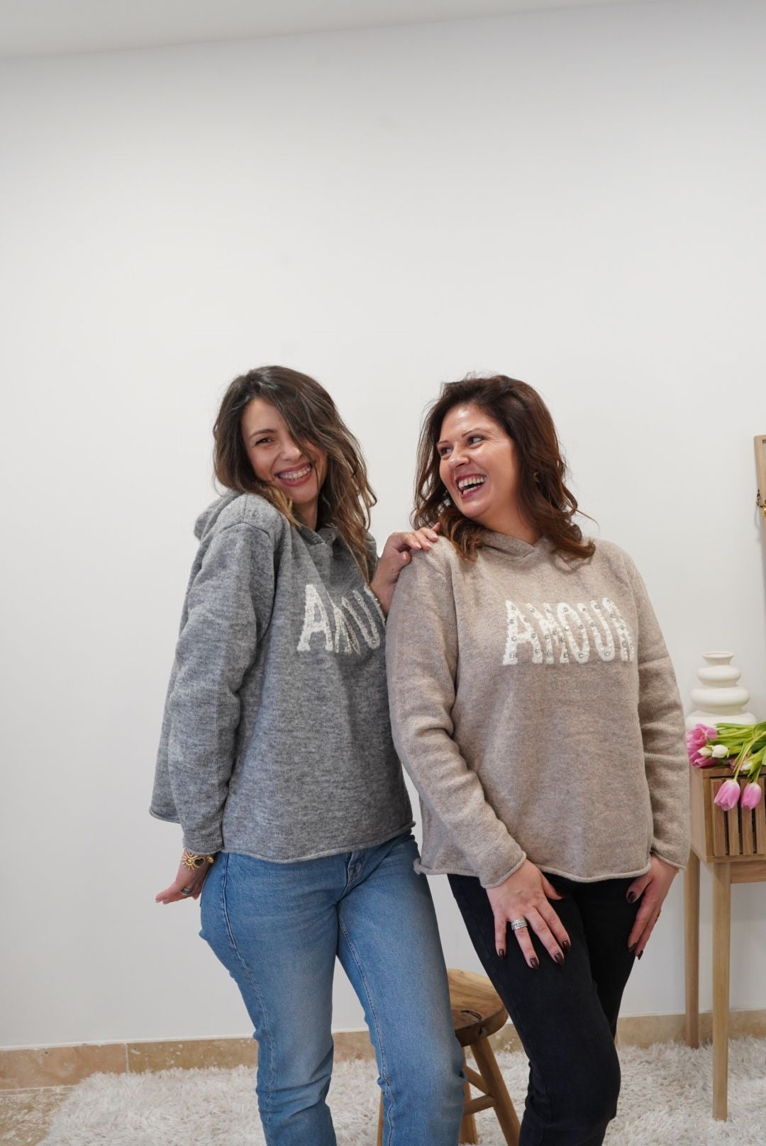 Pull imprimé Amour avec capuche - Gris