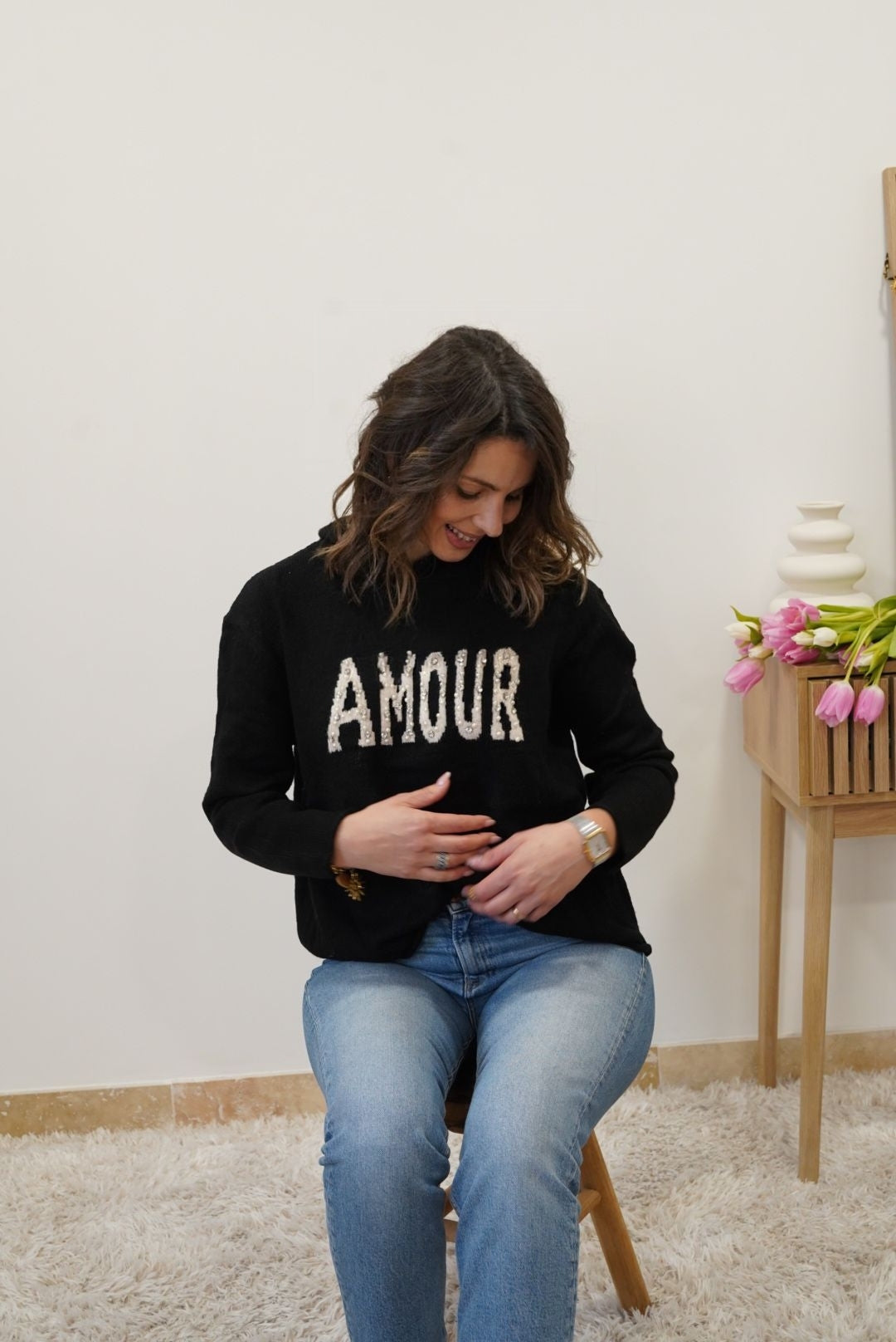 Pull  imprimé Amour avec capuche - Noir