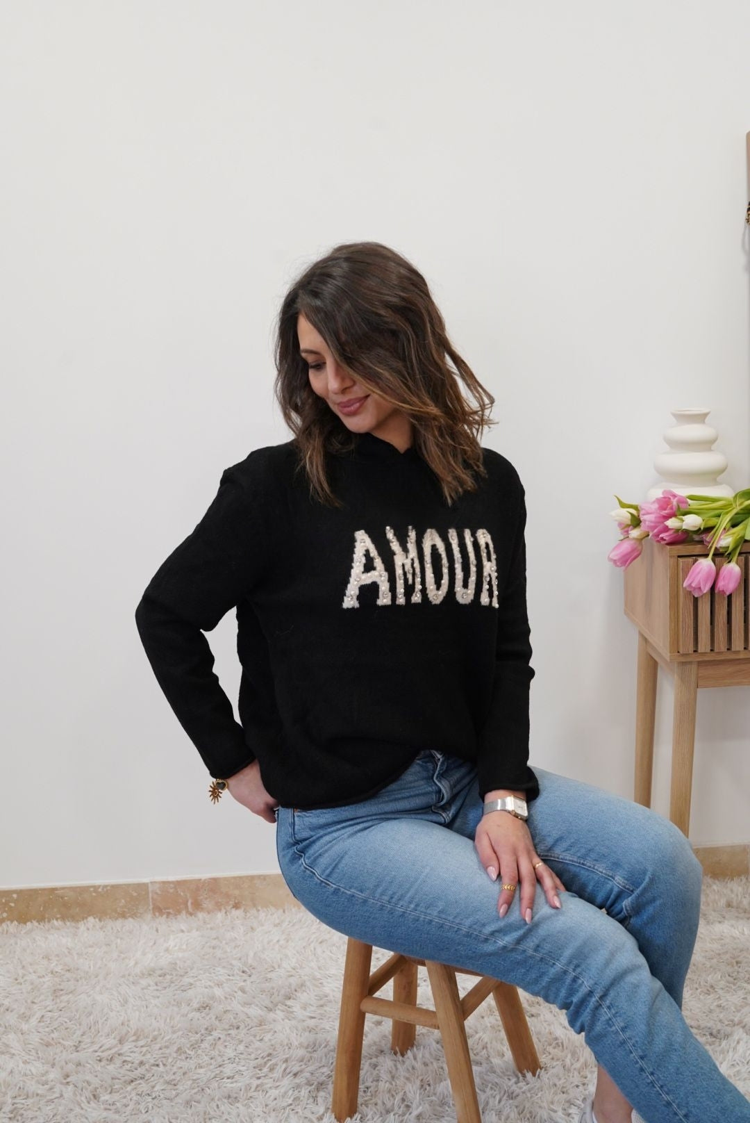 Pull  imprimé Amour avec capuche - Noir