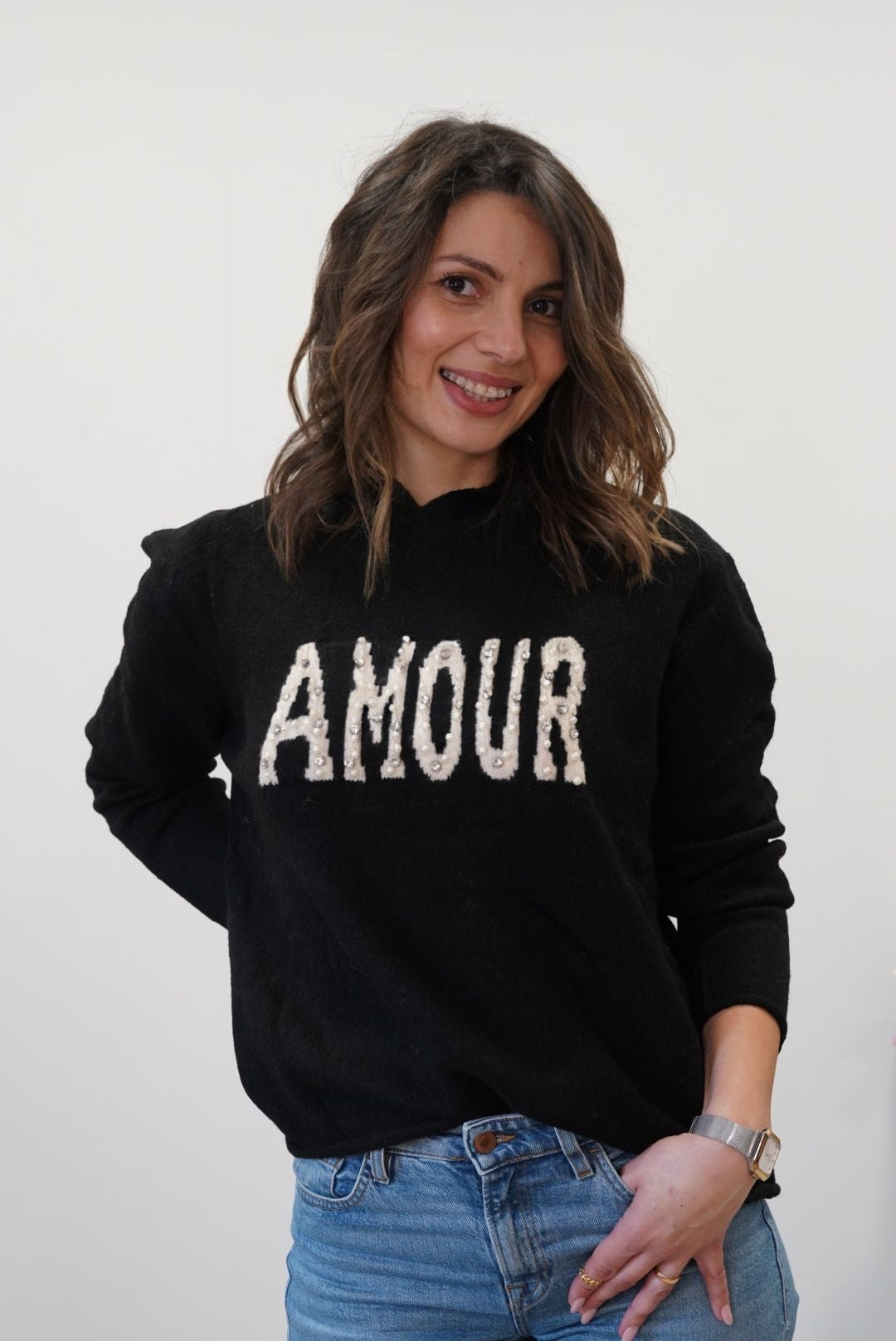 Pull  imprimé Amour avec capuche - Noir