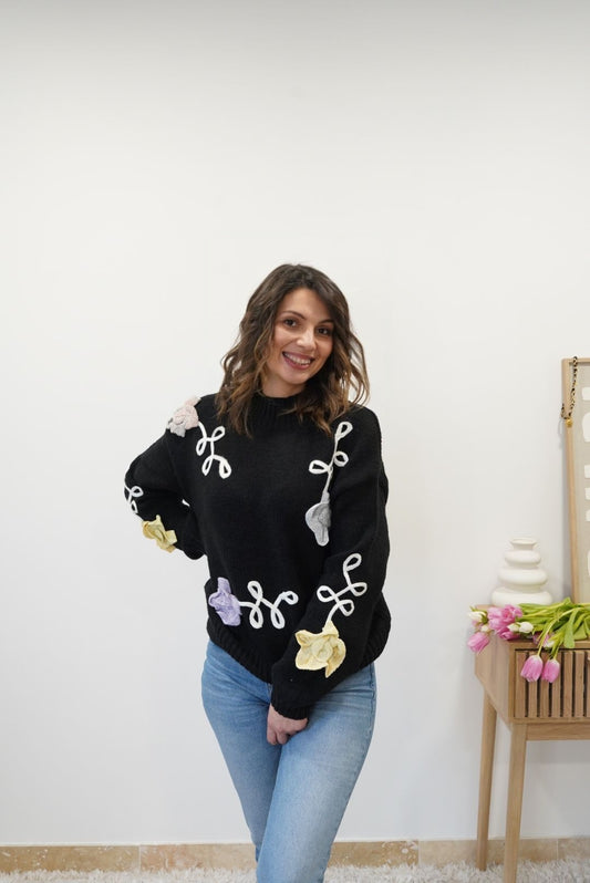 Pull brodé Fleur - Noir