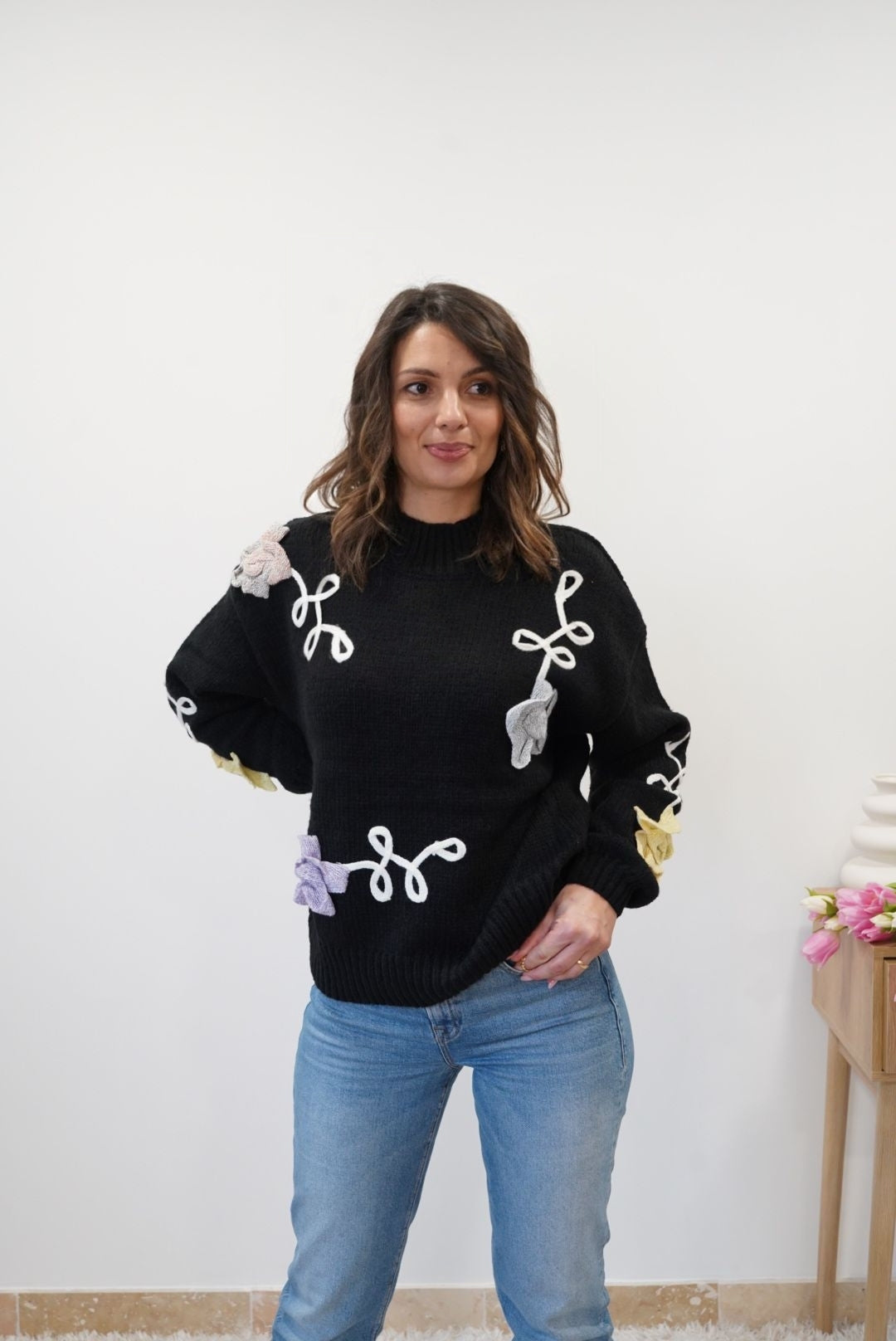 Pull brodé Fleur - Noir